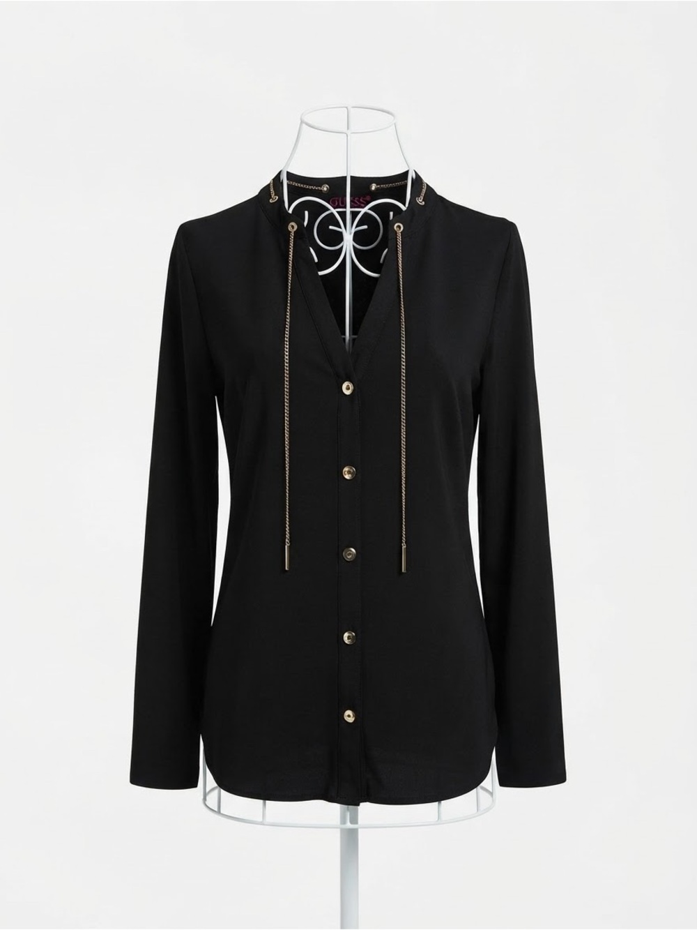 GUESS Women’s Black Long Sleeve Blouse Gold Chain Neck Detail Size XS